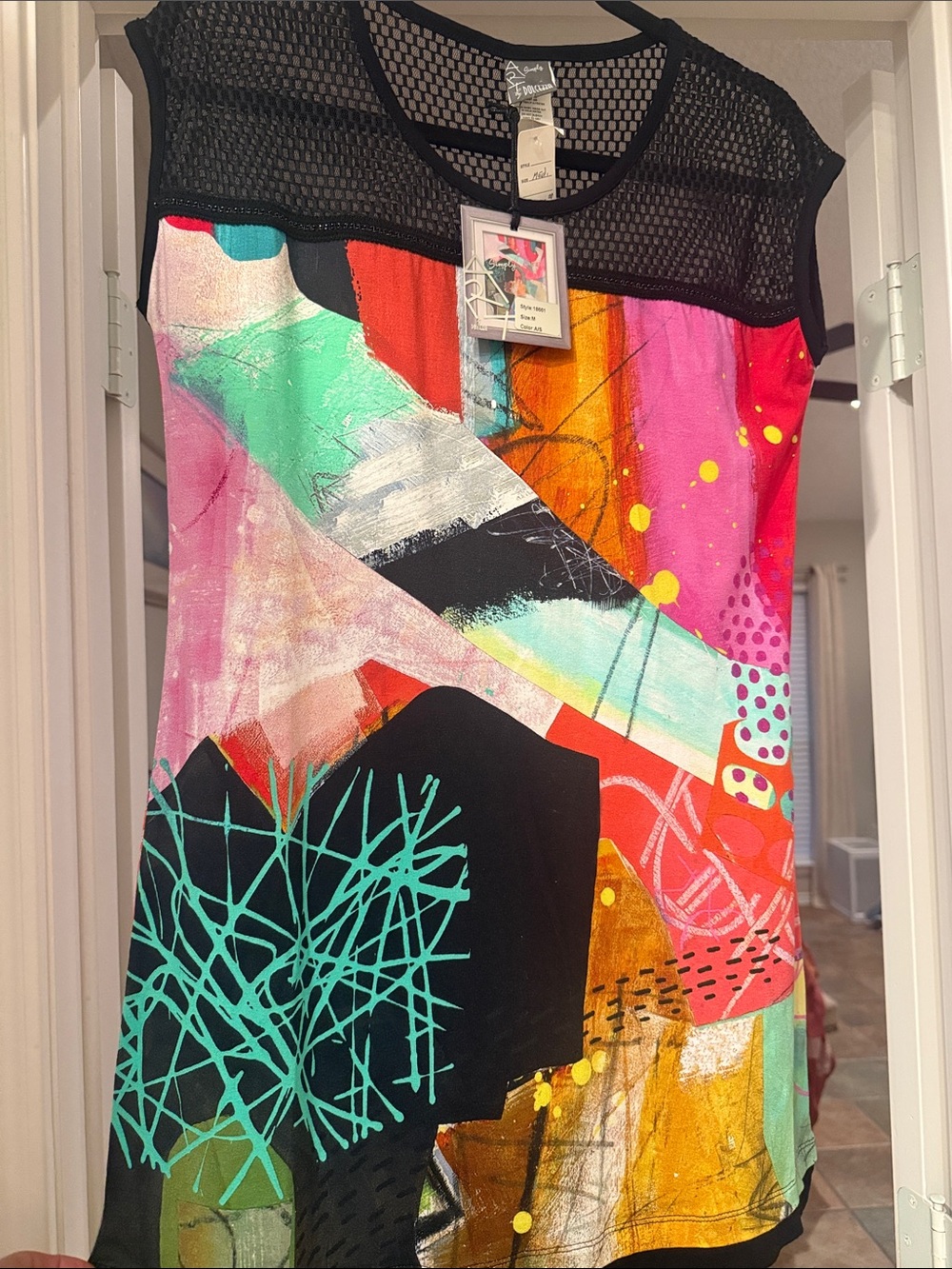 Multicolor Abstract Print Tunic with Black Mesh Yoke